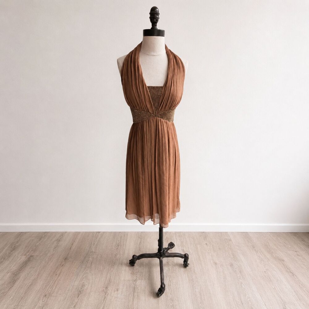 Y2K Silk Halter Cocktail Dress Maggy London Brown Beaded Empire Waist Size 2